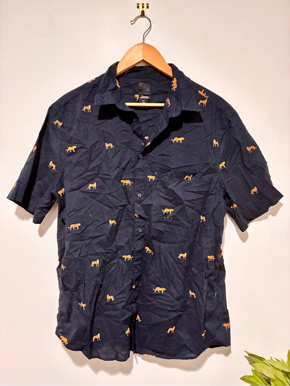 H&M | Navy Short-Sleeve Button-Down Shirt with Orange Tiger Print